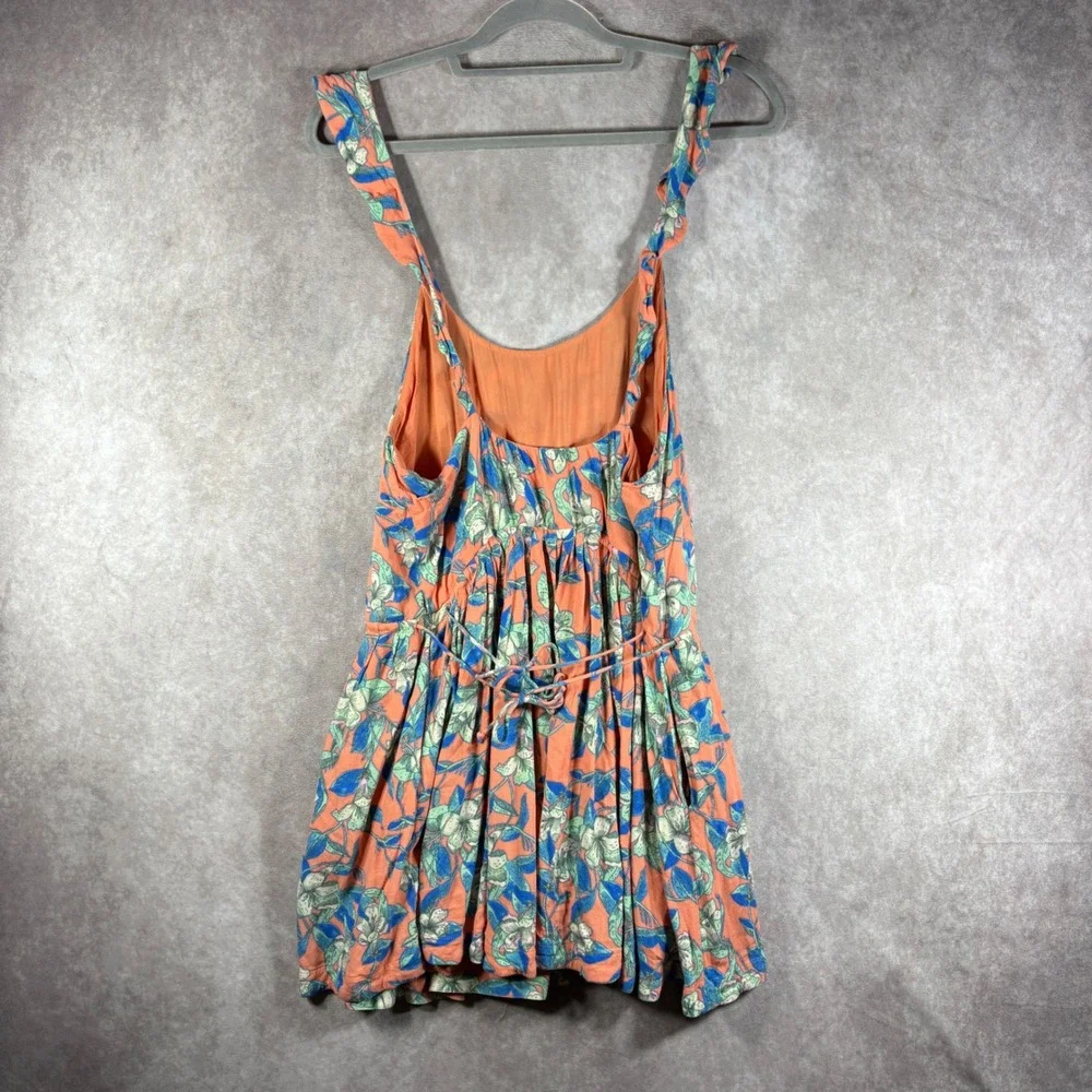 Free People Mini Dress Womens Small‎ Orange Floral Boho Ruffle Straps Pockets